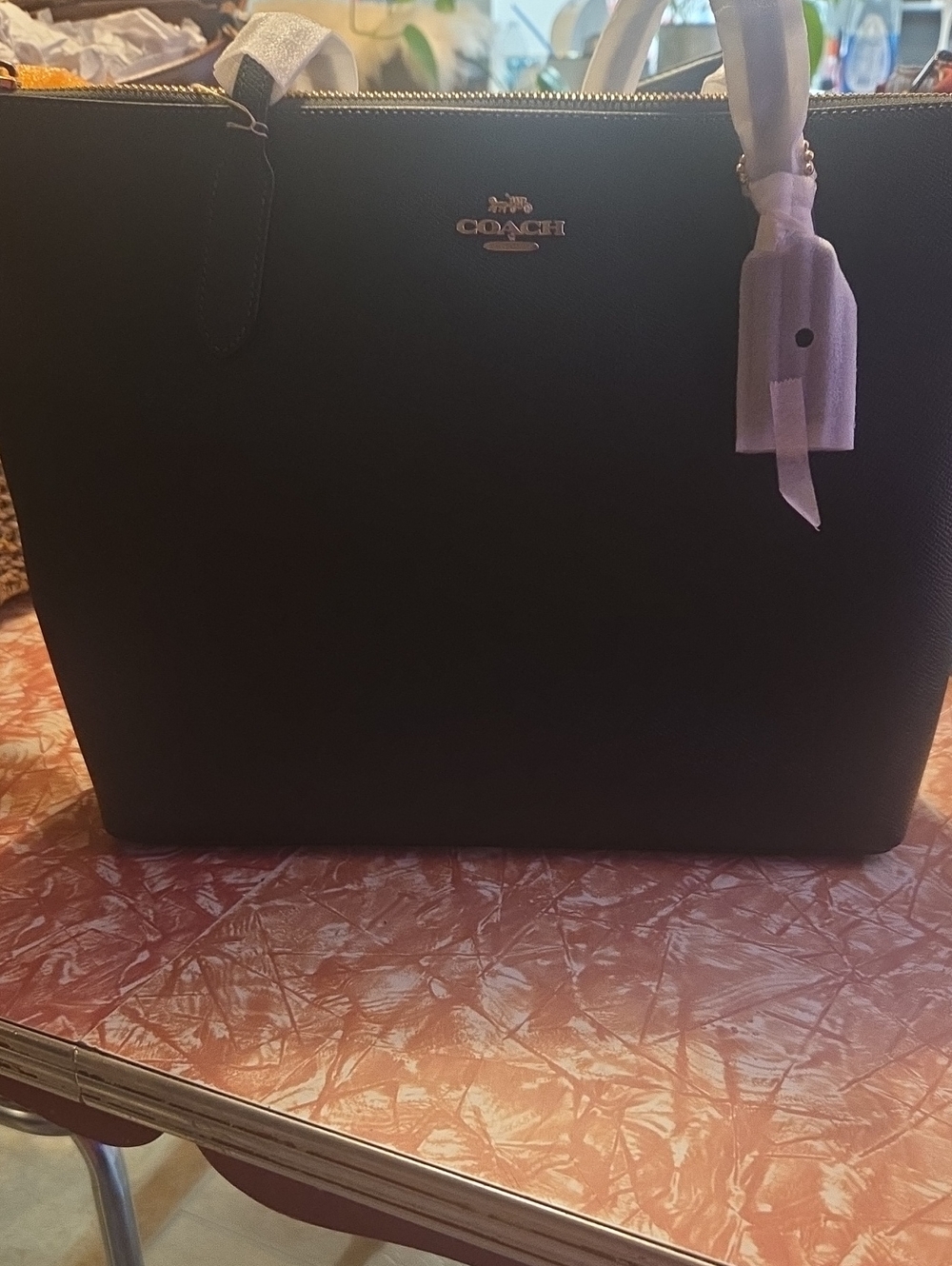 Coach Dark Green Leather Tote with Silver Logo and Lilac Charm